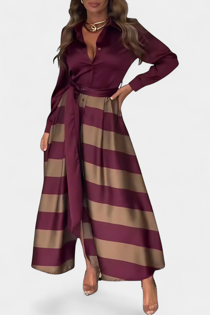 Megan™ | Elegant Belted Shirt Dress with Stripes