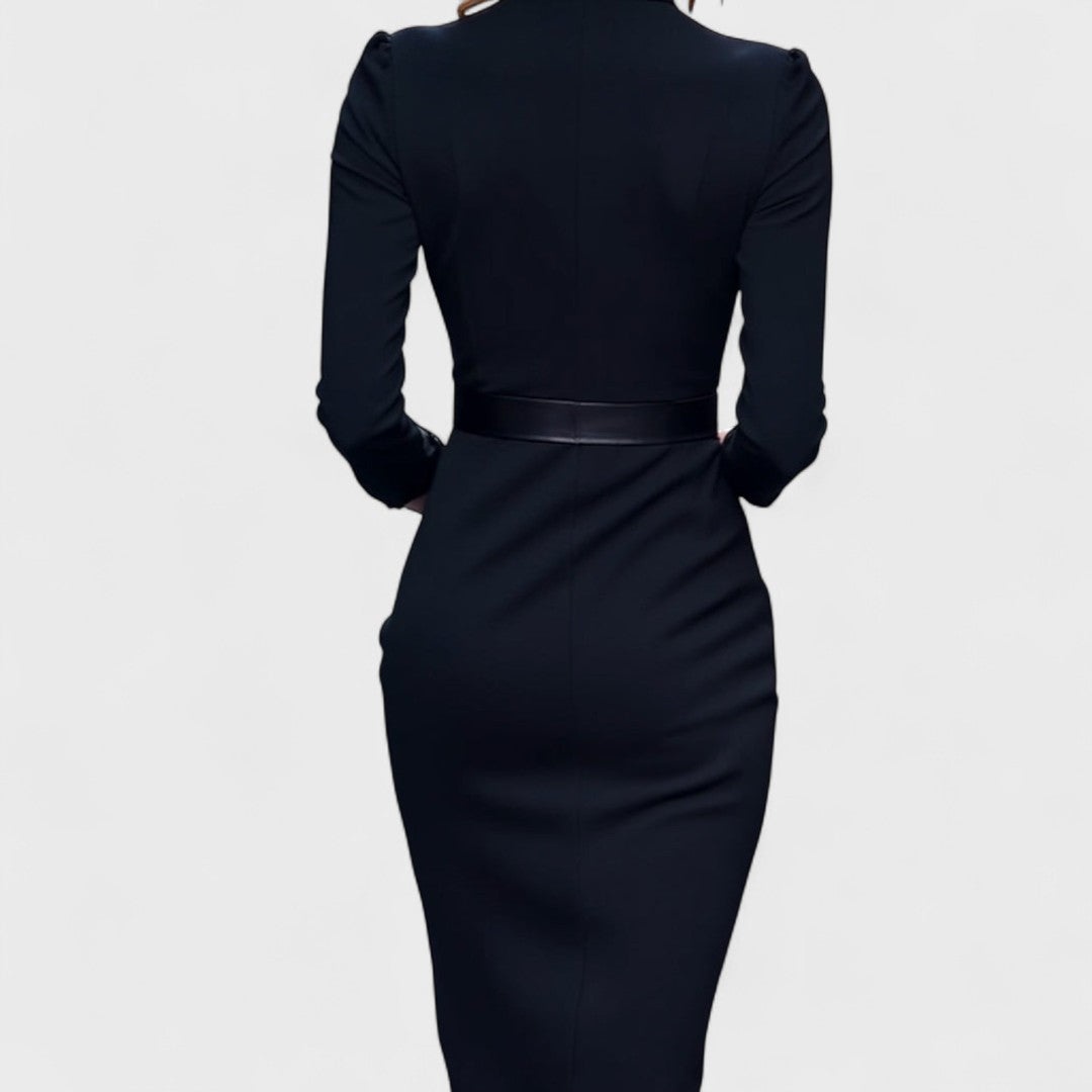 Julissa™ – Elegant Black Dress with Belt & Mandarin Collar